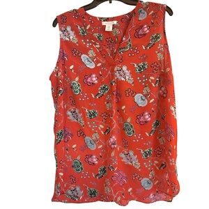 Tabitha Webb Red Multicolor Floral Print Sleeveless Flowing Top